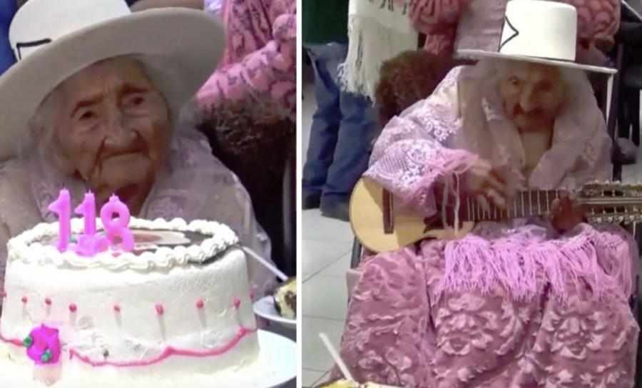 Woman born In 1900 celebrates her 118th Birthday by playing the lute and eating cake
